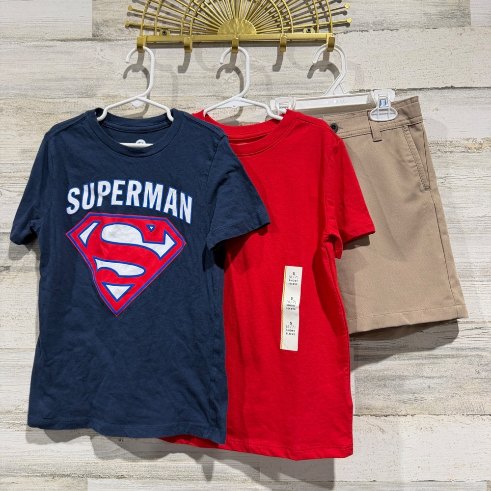Cat & Jack Superman Magellan Boys Size 6/7 Red Khaki 3pc Bundle